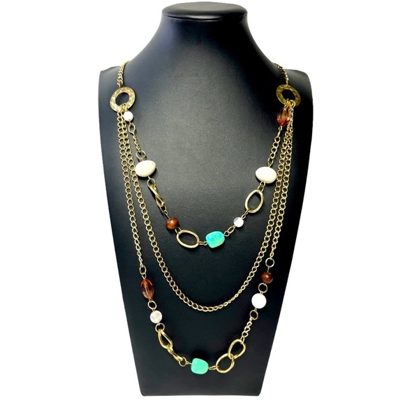 Golden Crystals Triple Layered Chain Necklace Costume Jewelry 34" - Picture 1 of 8